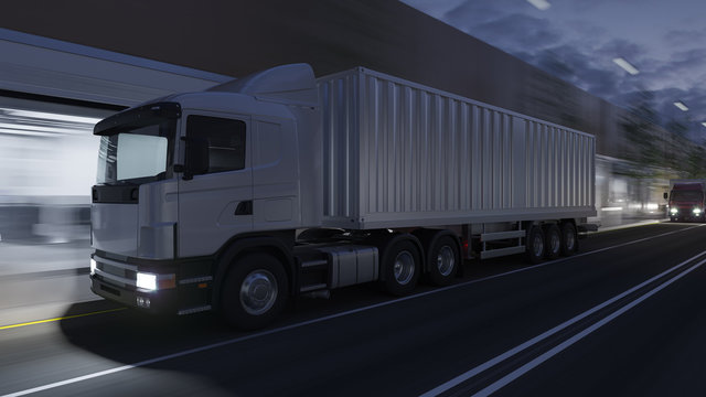 White Container Truck Moving on the Road in the Evening Light 3D Rendering
