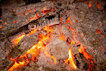 Fire burning and ash on night in camp