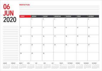 June 2020 desk calendar vector illustration