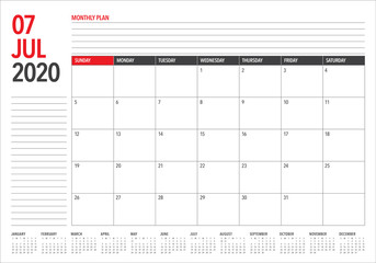 July 2020 desk calendar vector illustration