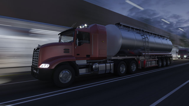 Maroon Fuel Tanker Moving on the Road in the Dark 3D Rendering