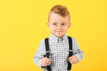 Portrait of stylish little boy on color background