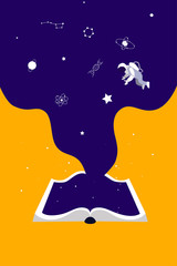 universe inside the book, concept of education and training. Open book on orange background.