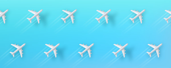 Abstract pattern from flying airplanes on blue background. Realistic 3d planes with trail of smoke and shadow. Vector illustration, eps10.