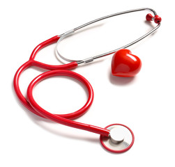 Stethoscope and red heart on white background. Cardiology concept