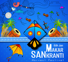 Naklejka premium Modern and Creative Happy Makar Sankranti Festival Background Decorated with Kites