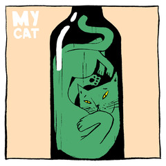 The cat hid in a green bottle. Color comic image for packaging and publishing.