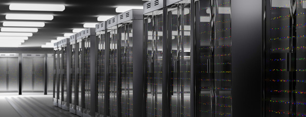 Servers. Server room data center. Backup, hosting, mainframe, farm and computer rack with storage information. 3d render