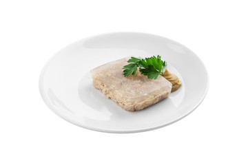 Holodets Homemade jellied meat with garlic and spices with parsley and mustard isolated on white background