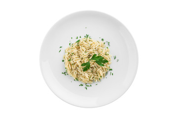 orzo rice shaped pasta cooked isolated on white background