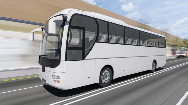 White Passenger Bus Moving on the Road in Daylight 3D Rendering