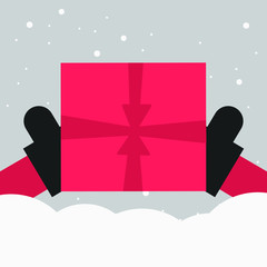 Red gift holding man with gloves