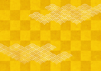 背景：青海波 市松模様 波 海 市松 伝統 和風 和柄 図案 壁紙 テクスチャー 黄色 イエロー 屏風