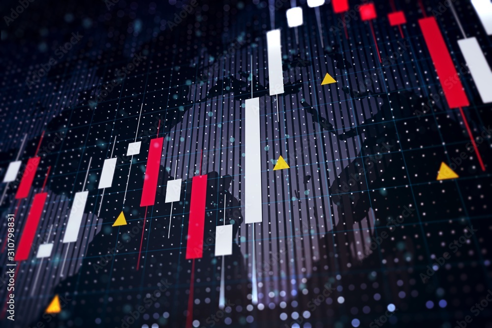 Aufkleber abstract forex chart background with world map. currency exchange and investing concept. 3d renderin