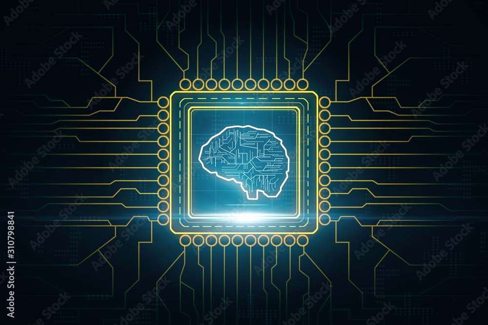 Poster human brain with microcircuit illustration on dark background. artificial intelligence and machine l