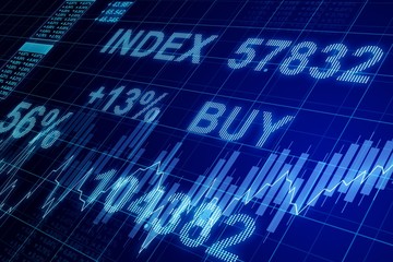 Close up of abstract blue forex chart with index values. Investment and currency exchange concept. 3D Rendering