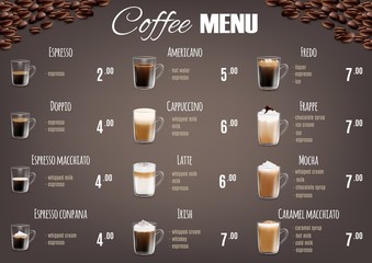 Coffee drinks menu price list vector template - obrazy, fototapety, plakaty