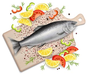 Salmon red fish on cutting board, vector realistic illustration
