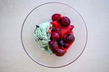 Red Fruit Medley which is German compote with Mint icecream