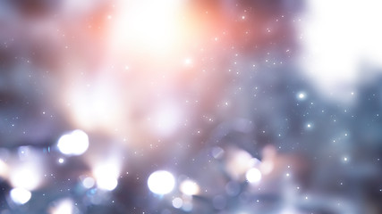 Blurred festive abstract background. Blurry bokeh lights, snowflakes, neon glow