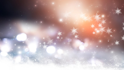 Naklejka premium Blurred festive abstract background. Blurry bokeh lights, snowflakes, neon glow