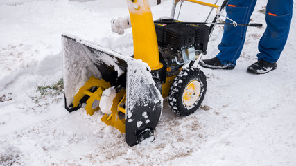 Close up on snow blower for snow removal in winter