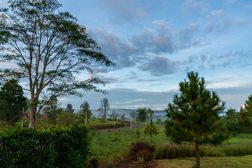 beautiful blue sky high peak mountains mist fog wildlife green forest at Khao Koh, Phu Tub Berk, Phetchabun, Thailand  guiding idea long weekend for backpacker camping campfire relaxing hiking