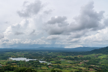 Obraz premium beautiful blue sky high peak mountains mist fog wildlife green forest at Khao Koh, Phu Tub Berk, Phetchabun, Thailand guiding idea long weekend for backpacker camping campfire relaxing hiking