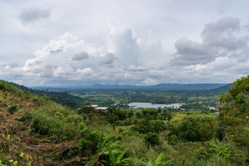 beautiful blue sky high peak mountains mist fog wildlife green forest at Khao Koh, Phu Tub Berk, Phetchabun, Thailand  guiding idea long weekend for backpacker camping campfire relaxing hiking