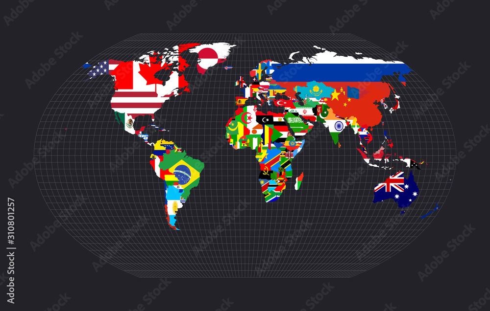 Poster world map with flags. kavrayskiy vii pseudocylindrical projection. map of the world with meridians o