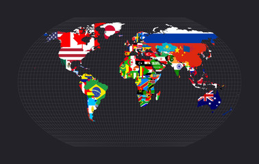 World map with flags. Kavrayskiy VII pseudocylindrical projection. Map of the world with meridians on dark background. Vector illustration.