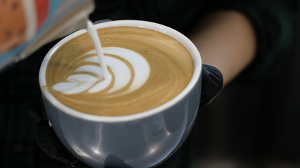 Barista at work. The process of making coffee and cacao. A glass of foaming milk. Electric Grinder Grinds Coffee Beans In Filter Holder.