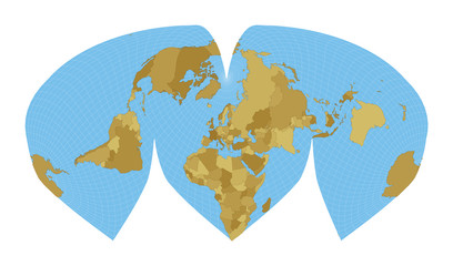 World Map. Alan K. Philbrick's interrupted sinu-Mollweide projection. Map of the world with meridians on blue background. Vector illustration.