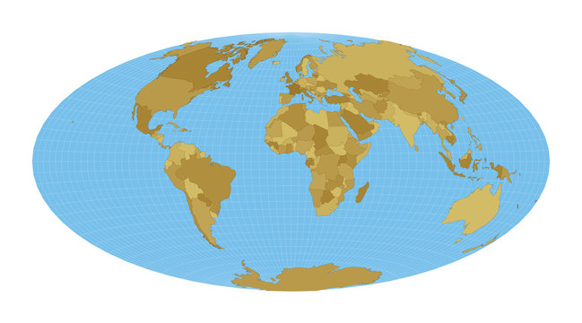 World Map. Hammer projection. Map of the world with meridians on blue background. Vector illustration.