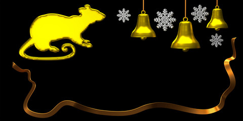 3D illustration of rat or mouse symbol of new year of golden color, in  form of inflated toy, silver snowflakes and golden bells and bronze ribbon isolated at the bottom. Design concept for 2020