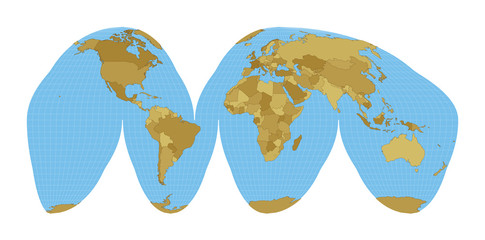 World Map. Goode's interrupted homolosine projection. Map of the world with meridians on blue background. Vector illustration.