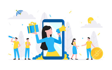 Refer a friend flat style design vector illustration isolated on white background. Woman with megaphone and gift box standin up in the smartphone and shout out to the people.
