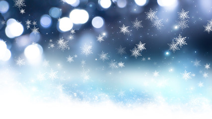 Naklejka premium Blurred festive abstract background. Blurry bokeh lights, snowflakes, neon glow. Empty dark, winter scene with snowflakes, winter dark background. Abstract snow, blizzard. Abstract light, rays, snow. 