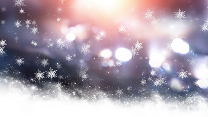 Blurred festive abstract background. Blurry bokeh lights, snowflakes, neon glow. Empty dark, winter scene with snowflakes, winter dark background. Abstract snow, blizzard. Abstract light, rays, snow. 