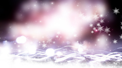 Blurred festive abstract background. Blurry bokeh lights, snowflakes, neon glow. Empty dark, winter scene with snowflakes, winter dark background. Abstract snow, blizzard. Abstract light, rays, snow. 