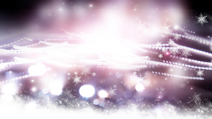 Blurred festive abstract background. Blurry bokeh lights, snowflakes, neon glow. Empty dark, winter scene with snowflakes, winter dark background. Abstract snow, blizzard. Abstract light, rays, snow. 