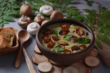 Delicious soup with mushrooms champignon and potato.Creamy Chanterelle Soup .Nordic cuisine. Vegan soup