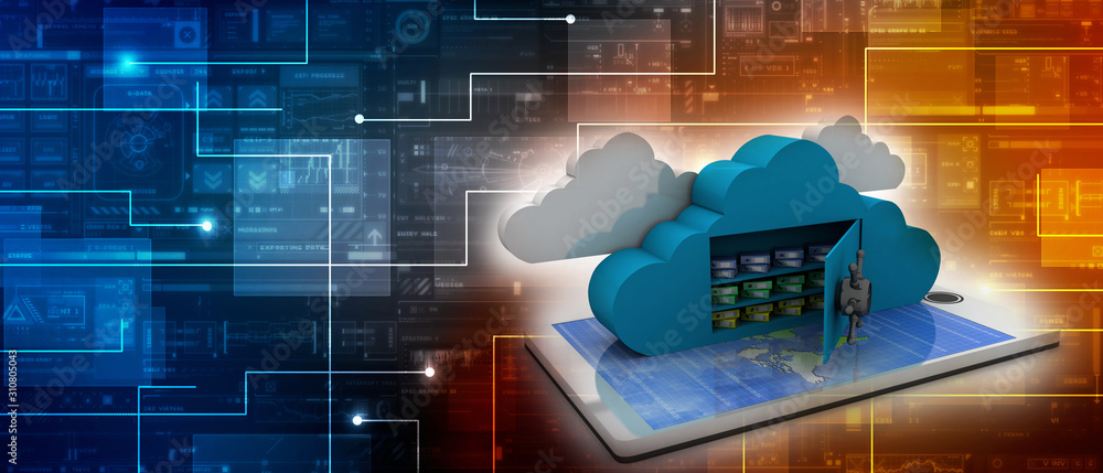 Poster 3d rendering cloud folder storage lock in mobile phone