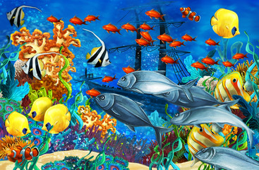 Obraz premium cartoon scene animals swimming on colorful and bright coral reef - illustration for children