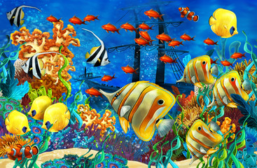 Obraz na płótnie Canvas cartoon scene animals swimming on colorful and bright coral reef - illustration for children