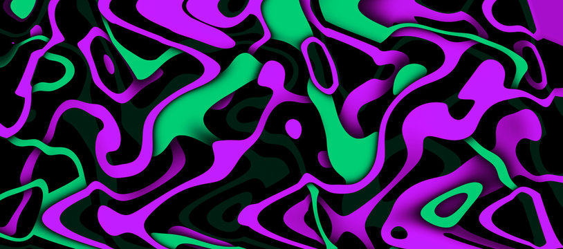 Multicolor glowing twisted lines on black background. Abstract psychedelic 3D illustration	