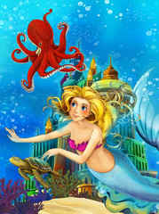 Obraz na płótnie Canvas Cartoon ocean and the mermaid in underwater kingdom swimming with fishes - illustration for children