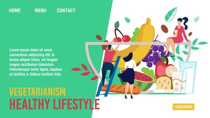 Vegetarianism Healthy Lifestyle. Cartoon Vegan People Characters and Huge Fruits, Natural Organic Food Glass Bowl. Diet and Proper Nutrition. Trendy Flat Landing Page Design. Vector Illustration