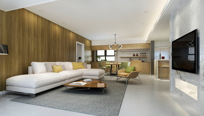 3d rendering modern dining room and kitchen with living room with luxury decor