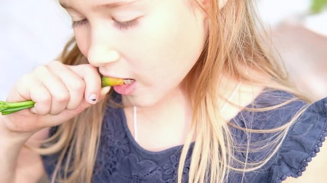 Girl eating carrot. Child face closeup. Healthy, organic food. Fresh ripe vegetable. Summertime, spring sweet treat. Eco quick snack. Natural handpicked tasty food. Vegetarian and vegan diet
